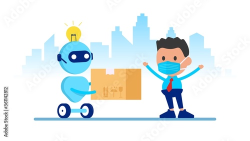Modern Robot Courier Artificial Intelligence Technology. Online delivery. Coronavirus Epidemic Quarantine. Buy home, get your package.