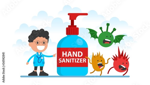 Hand sanitizer in pump bottle, for killing germs, bacteria and Coronavirus.