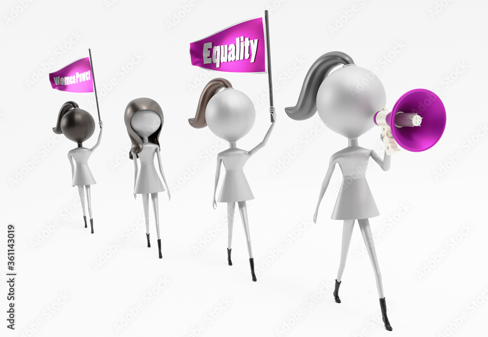 3D female characters at protest march for equality rights.