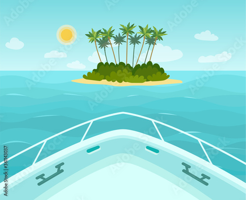 The boat approaches a tropical island in the sea. View from the bow of the boat. Vector flat style illustration.