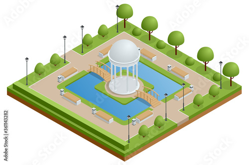 Isometric city park with a lake and a gazebo in the center. Urban green garden for walks, rest, relax.