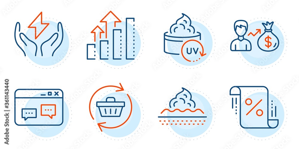 Sallary, Uv protection and Refresh cart signs. Browser window, Safe energy and Analysis graph line icons set. Skin care, Loan percent symbols. Website chat, Thunderbolt. Business set. Vector Sallary, Uv protection and Refresh cart signs. Browser window, Safe energy and Analysis graph line icons set. Skin care, Loan percent symbols. Website chat, Thunderbolt. Business set. Vector