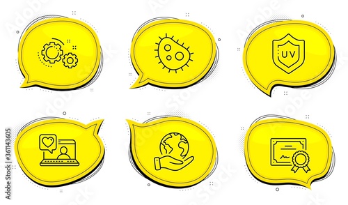 Friends chat sign. Diploma certificate, save planet chat bubbles. Uv protection, Gears and Bacteria line icons set. Skin cream, Work process, Antibacterial. Love. Business set. Vector