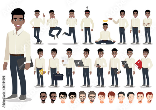 American African businessman cartoon character set  in office style smart shirt . Vector illustration