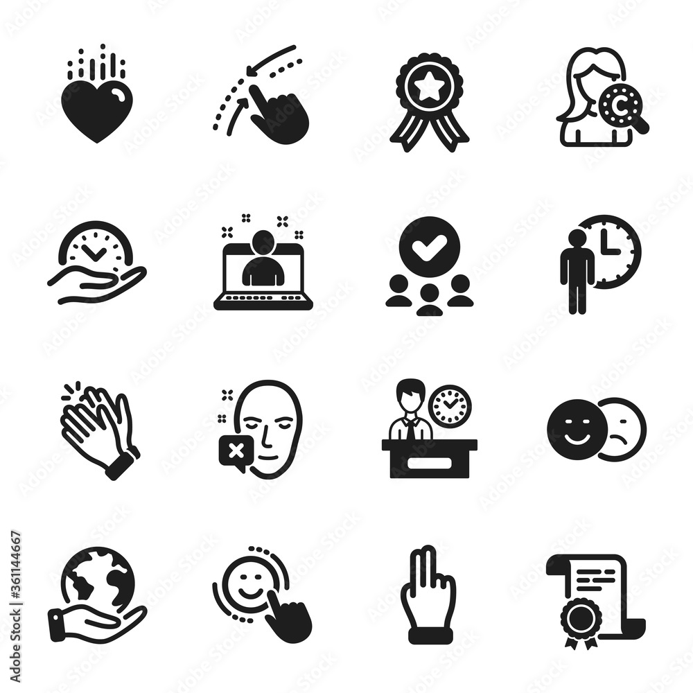 Set of People icons, such as Best manager, Heart. Certificate, approved group, save planet. Waiting, Smile, Face declined. Presentation time, Clapping hands, Safe time. Vector Set of People icons, such as Best manager, Heart. Certificate, approved group, save planet. Waiting, Smile, Face declined. Presentation time, Clapping hands, Safe time. Vector