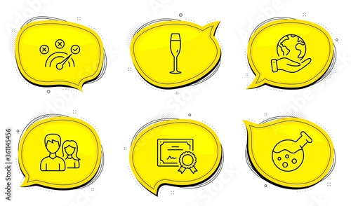 Chemistry lab sign. Diploma certificate, save planet chat bubbles. Correct answer, Champagne glass and Couple line icons set. Speed symbol, Winery, Male and female. Laboratory. Business set. Vector