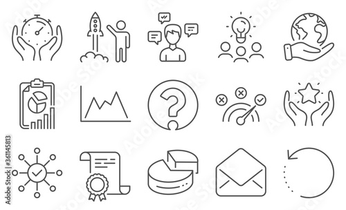 Set of Education icons, such as Mail, Report. Diploma, ideas, save planet. Launch project, Question mark, Ranking. Correct answer, Conversation messages, Pie chart. Vector