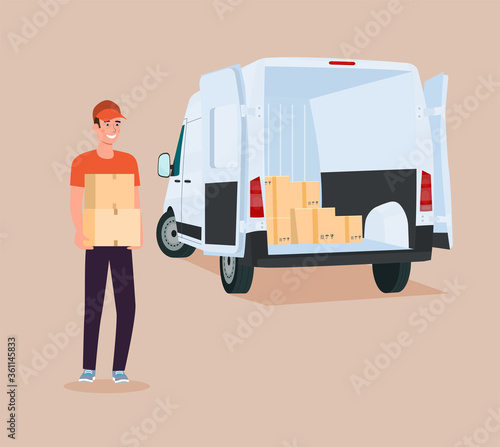 Man loads boxes in a cargo van. Vector flat style illustration.