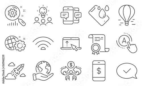 Fototapeta Naklejka Na Ścianę i Meble -  Set of Technology icons, such as Ab testing, Swipe up. Diploma, ideas, save planet. Smartphone payment, Wifi, Smartphone sms. Approved message, Seo gear, Air balloon. Vector
