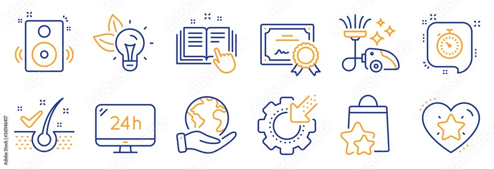 Set of Technology icons, such as Speakers, 24h service. Certificate, save planet. Vacuum cleaner, Loyalty points, Seo gear. Ranking star, Timer, Anti-dandruff flakes. Vector Set of Technology icons, such as Speakers, 24h service. Certificate, save planet. Vacuum cleaner, Loyalty points, Seo gear. Ranking star, Timer, Anti-dandruff flakes. Vector