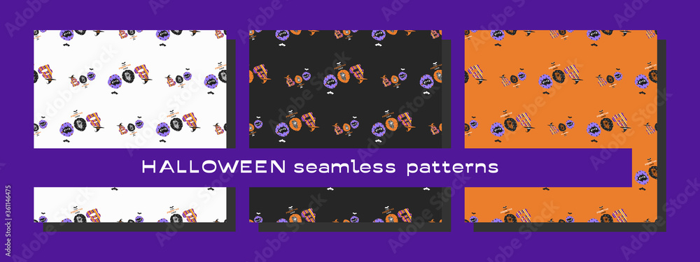  BOO Halloween set of three seamless patterns. Collections of white, black and orange versions of seamless patterns, vector illustration