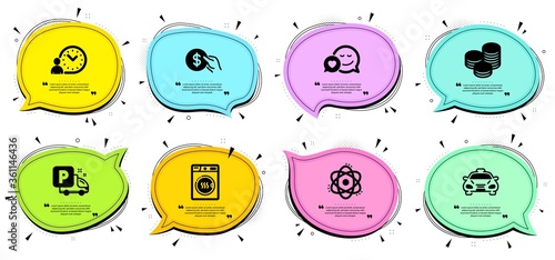 Dating, Payment and Truck parking signs. Chat bubbles with quotes. Tips, Atom and Dryer machine line icons set. Taxi, Time management symbols. Cash coins, Electron. Business set. Vector