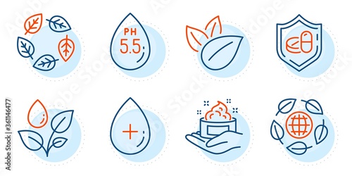 Medical tablet, Organic product and Ph neutral signs. Oil serum, Eco organic and Plants watering line icons set. Skin care symbol. Cosmetic care, Bio ingredients. Healthcare set. Vector