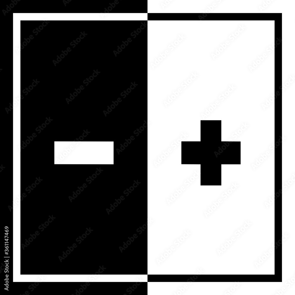 A bold square black and white design graphic illustration on the concept of electrical polarity or other form of polarity A bold square black and white design graphic illustration on the concept of electrical polarity or other form of polarity