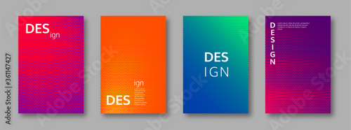 Minimal cover design. Spotted geometric patterns. Purple, orange, blue and green colorful halftone gradient effect. Vector template.
