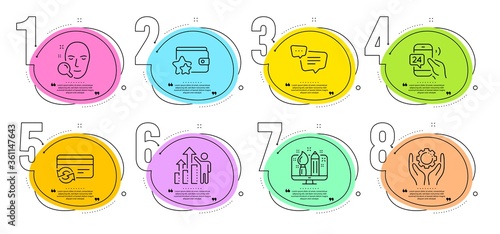 Creative design, Loyalty program and Face search signs. Timeline steps infographic. Employee hand, Change card and Text message line icons set. Employee results, 24h service symbols. Vector