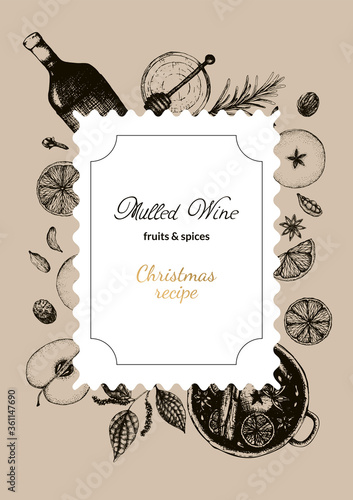 Vector illustration label for packaging organic mulled wine condiment or recipe, menu. Ingredients for hot Christmas wine, hand-drawn in an old style for packing dried fruits and spices.