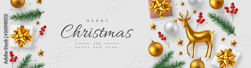 Christmas horizontal banner with realistic gift box, baubles, pine branches, holly berries and gold decorative deer. White background. New Year vector illustration.