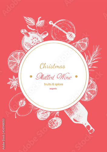 Vector illustration label for packaging organic mulled wine condiment or recipe, menu. Ingredients for hot Christmas wine, hand-drawn, for packing dried fruits and spices.