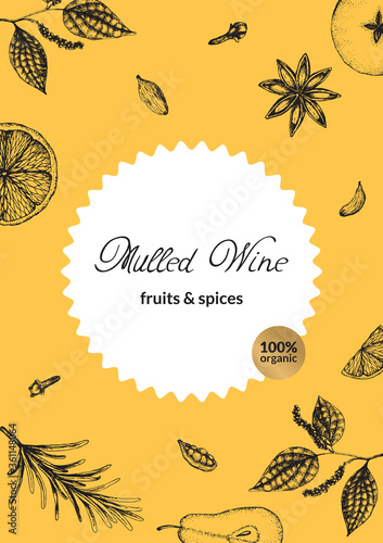 Vector illustration label for packaging organic mulled wine condiment on a bright red background. Ingredients for hot Christmas wine, hand-drawn, for packing dried fruits and spices.