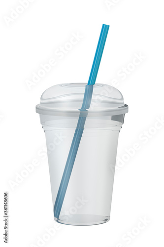 Empty plastic smoothie cup with a straw, isolated on white background
