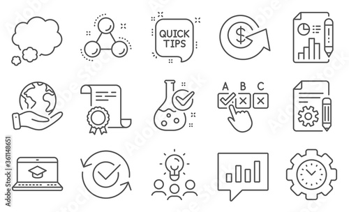 Set of Education icons, such as Analytical chat, Chemistry lab. Diploma, ideas, save planet. Chemistry molecule, Approved, Website education. Correct checkbox, Report document, Talk bubble. Vector