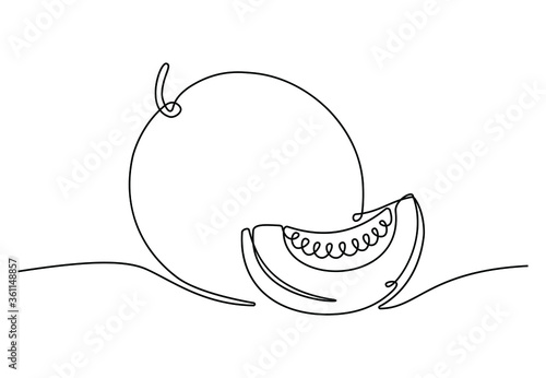 Сontinuous one line drawing of whole and sliced melon for fruit garden icon. Organic fruitage concept for orchard logo identity. Modern trendy single line draw design vector illustration