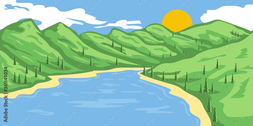 Natrure Mountain Lake Sun Morning Beautiful View Background Illustration