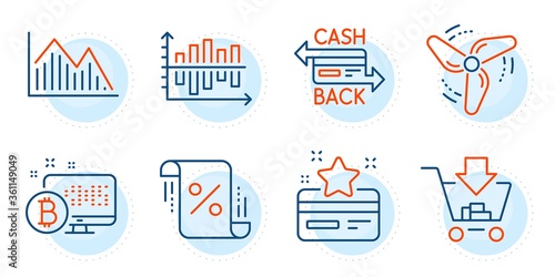 Loan percent, Shopping and Wind energy signs. Cashback card, Investment graph and Diagram chart line icons set. Bitcoin system, Loyalty card symbols. Money payment, Investment infochart. Vector