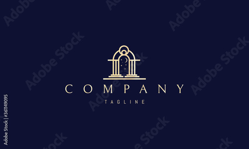 Vector logo on which an abstract image of an ancient gate with columns and stars and the moon behind them.