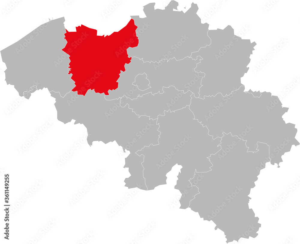 East Flanders province isolated on belgium map. Gray background. Backgrounds and wallpapers.