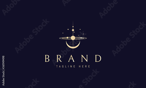 Vector golden logo on which an abstract image of the solar system with planets and the image of an inverted moon from below.