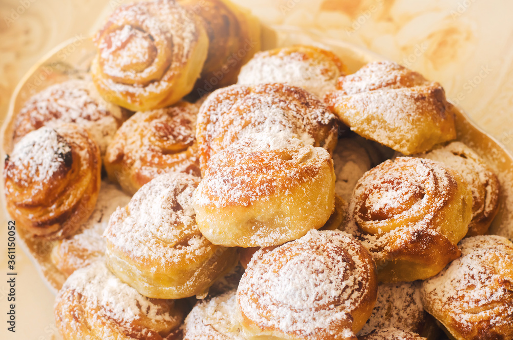 Sweet fragrant buns with jam. Puff pastry rolls. Close-up. Soft selective focus Sweet fragrant buns with jam. Puff pastry rolls. Close-up. Soft selective focus