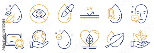 Set of Healthcare icons, such as Local grown, Face accepted. Certificate, save planet. Uv protection, Not looking, Mint leaves. Organic product, Water drop, No alcohol. Vector