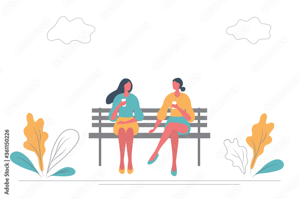 Young women drink coffee on a bench in a park. They are chatting with each other. There are also plants and clouds in the picture. Flat style. Vector illustration