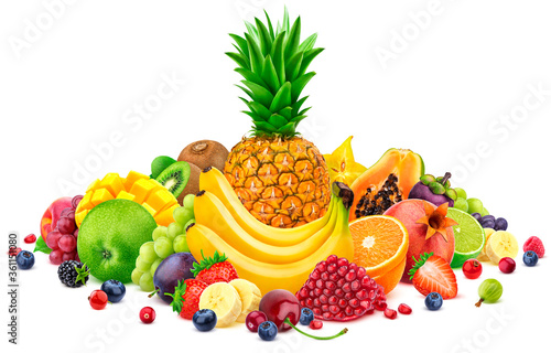 Fototapeta Naklejka Na Ścianę i Meble -  Heap of different whole and sliced tropical fruits isolated on white background with clipping path