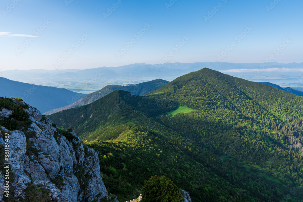 Fototapeta premium Panoramic photo of summer mountain of Tatra ridge, Slovakia, summer in the mountains. Travel and hike