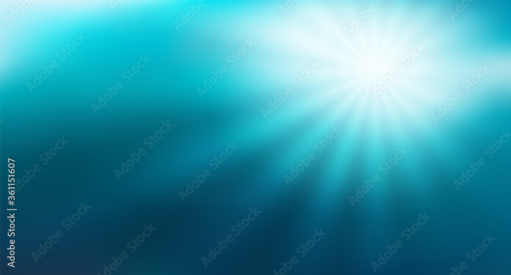 Abstract blue gradient background with sunlight rays. Blurred water backdrop. Vector illustration for your graphic design, banner, poster