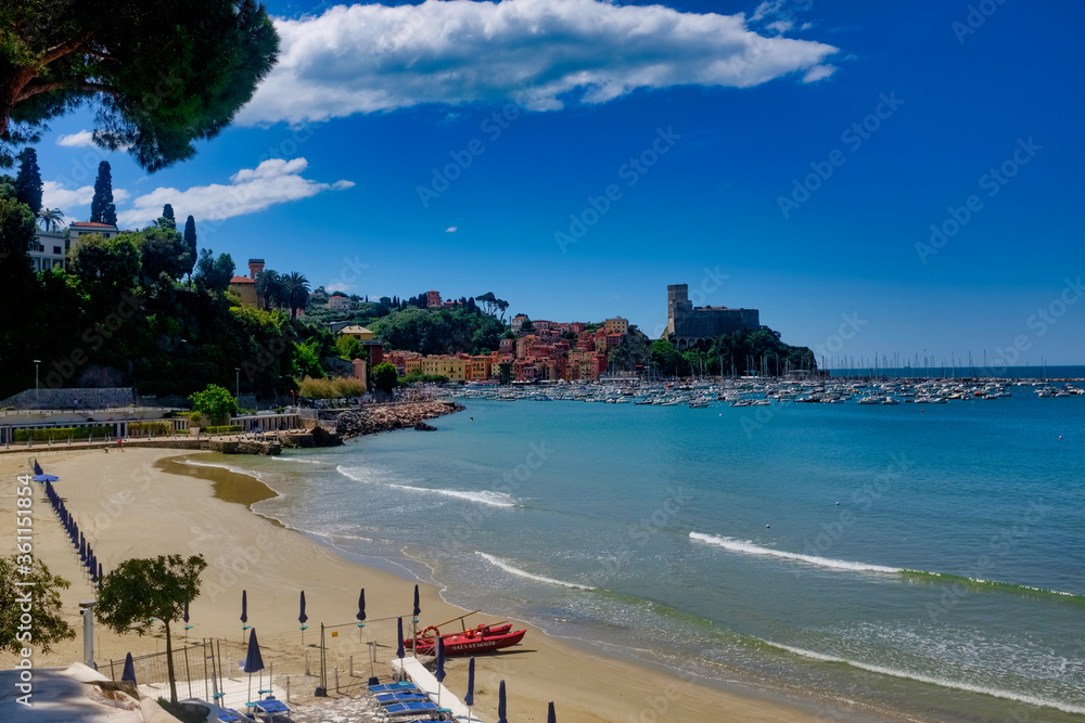 Panorama on the beach and the village of Lerici Liguria Italy
