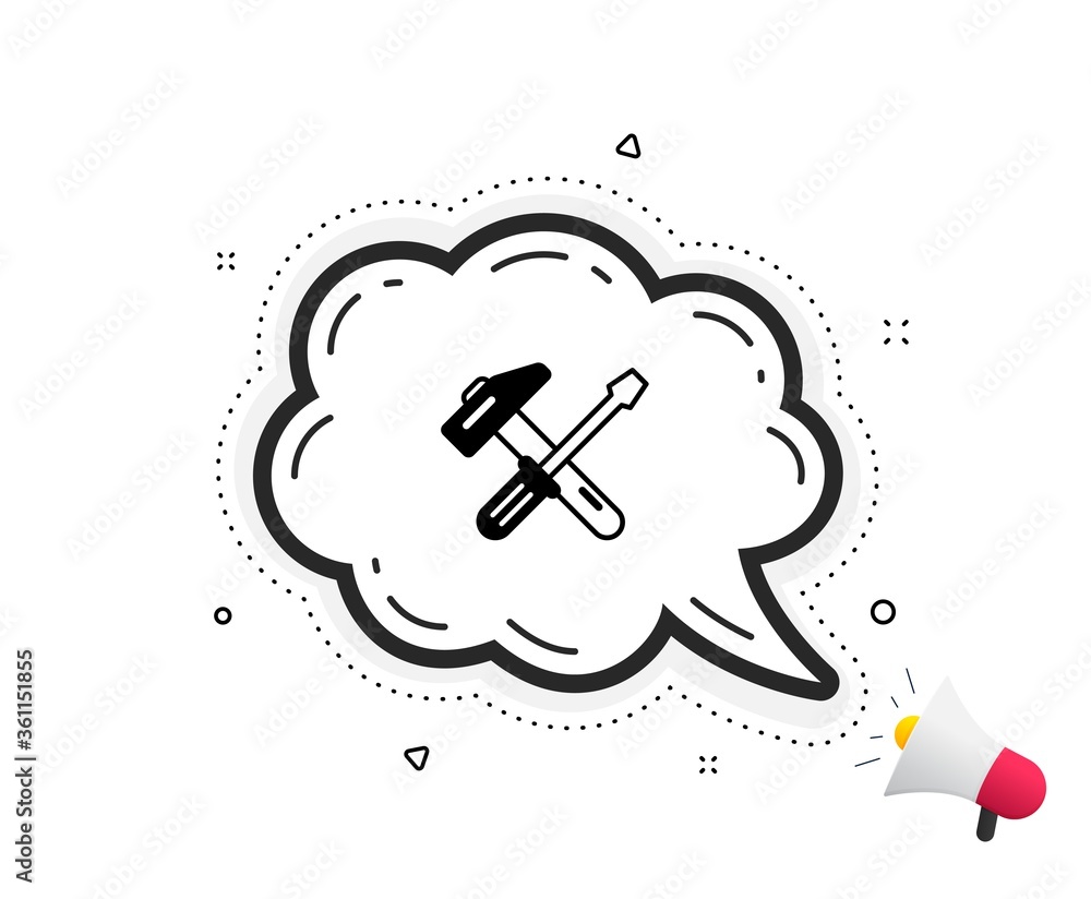 Hammer and screwdriver icon. Quote speech bubble. Repair service sign. Fix instruments symbol. Quotation marks. Classic hammer tool icon. Vector Hammer and screwdriver icon. Quote speech bubble. Repair service sign. Fix instruments symbol. Quotation marks. Classic hammer tool icon. Vector