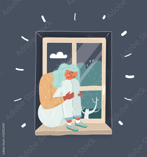 Vector illustration of sad girl at home tonight. Sitting on a window and into deeply thinking.
