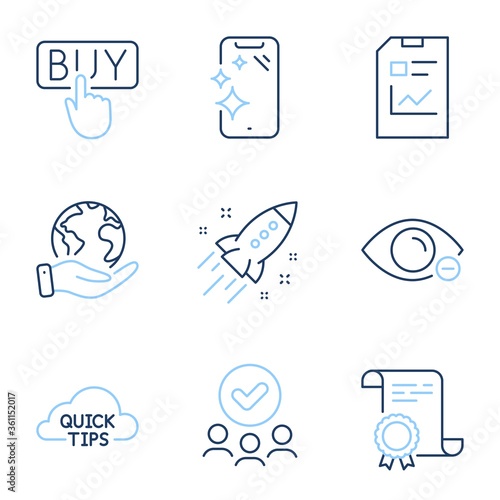 Myopia, Report document and Quick tips line icons set. Diploma certificate, save planet, group of people. Buying, Startup rocket and Smartphone clean signs. Vector