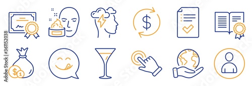 Set of Business icons, such as Approved checklist, Yummy smile. Certificate, save planet. Cash, Touchscreen gesture, Usd exchange. Face cream, Martini glass, Diploma. Vector