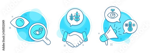 Gluten free, Check eye and Eye laser line icons set. Handshake deal, research and promotion complex icons. Thermometer sign. Bio ingredients, Vision, Optometry clinic. Thermostat. Vector