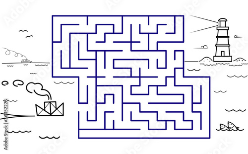 Black coloring pages with maze. Cartoon ship and lighthouse. Kids education art game. Template design with marine theme on white background. Outline vector