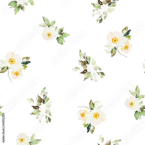 Seamless vector watercolor pattern with anemones. Bouquet of summer flowers