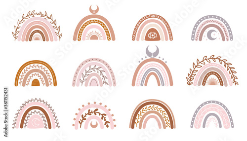 Vector hand drawn collection for nursery decoration with cute rainbows pastel color