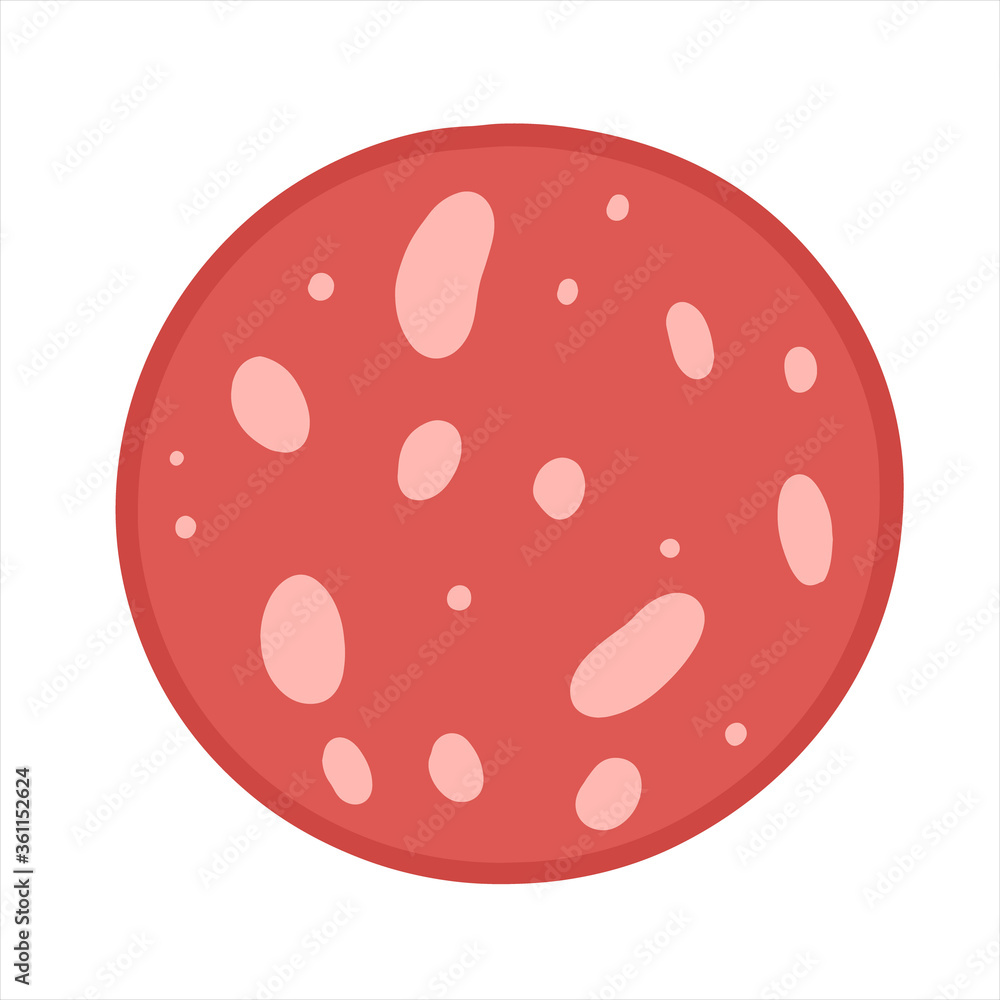 Round slice of sausage salami vector flat material design isolated on white. Round slice of sausage salami vector flat material design isolated on white.