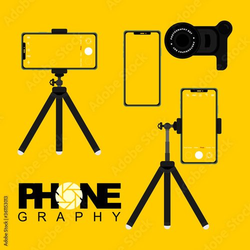 Mobile device template with tripod and lens camera vector illustration