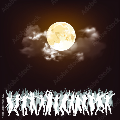 People partying at an event under a stunning full moon with copy space for own text
